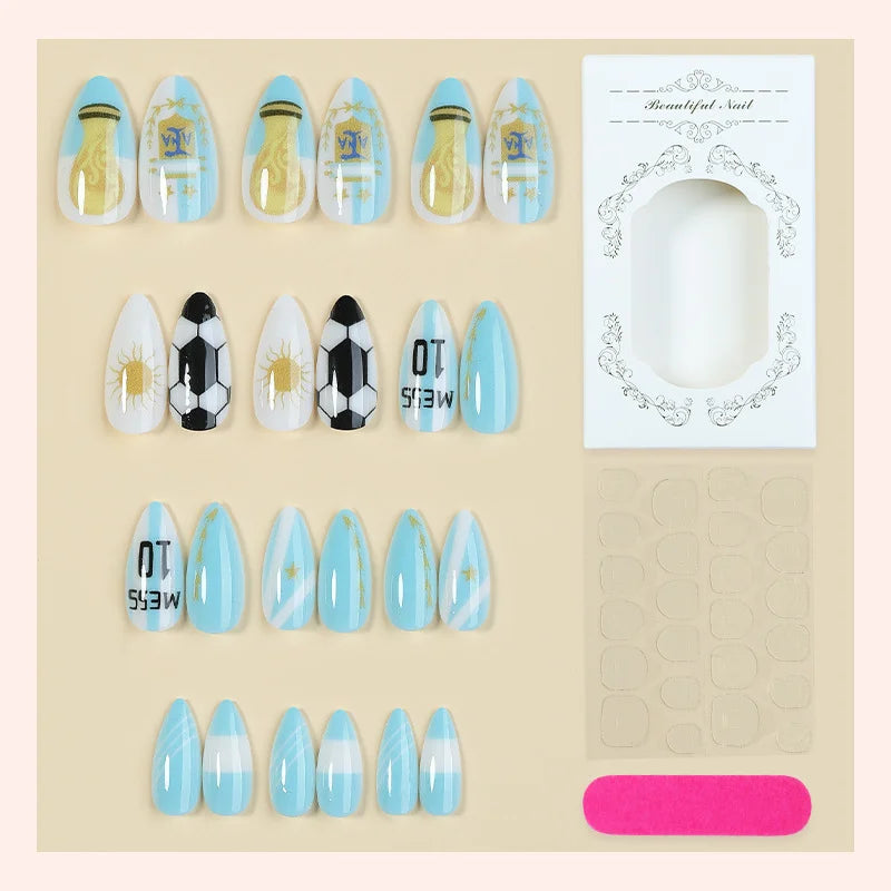 Luxury Argentina National Team Almond Press On False Nails Elegant Argentina Flag Pattern Artificial Nail Tips Qme