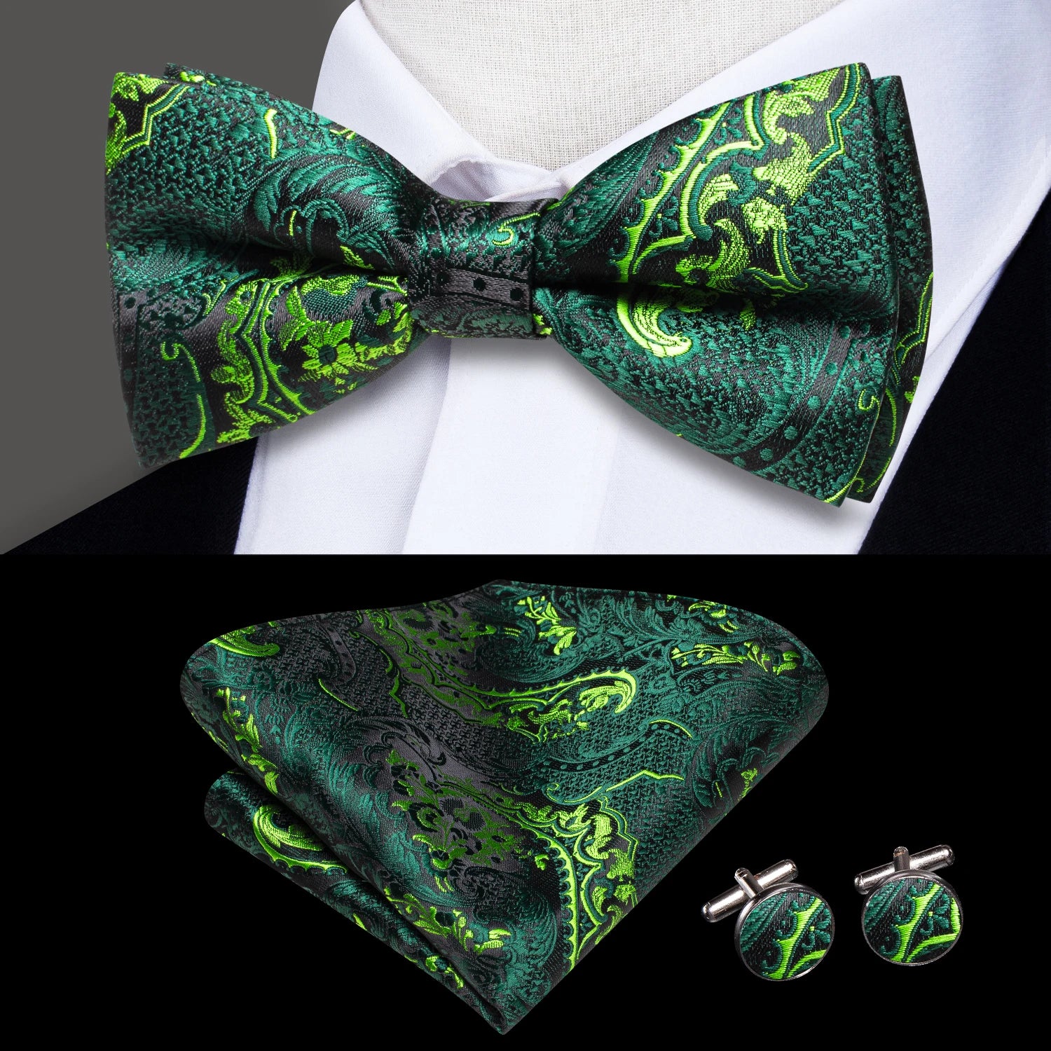 Hi-tie Dusty Pink Silk Mens Solid Sage Green Pre-tied Bow Tie Hanky Qme LH-0586