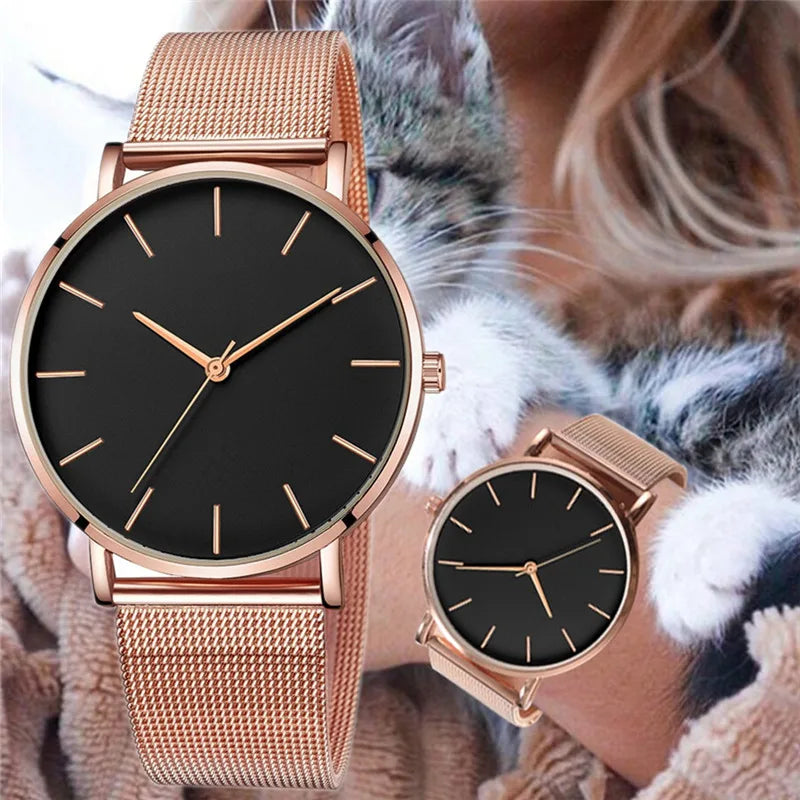 Reloj Mujer Ladies Fashion Metal Hour Casual Watch Simple Quartz Wrist Watch Female Black Mesh Stainless Steel Watch Saa Bracele Qme