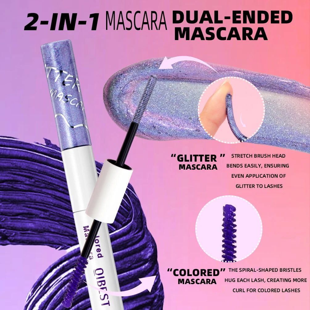 QIBEST Double Headed Diamond Glitter Mascara Long Lasting Colored Mascara Eyelashes Pink Blue Red Voluminous Waterproof Mascara Qme