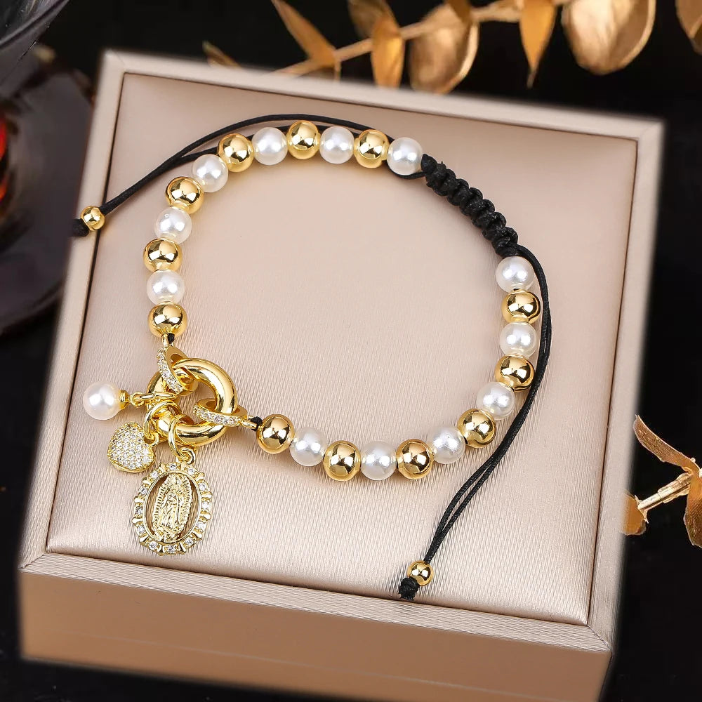 New Design Pearl Copper Braided Virgin Mary Zirconia Black Rope Bracelet Fashion For Woman Daily Party Jewelry Religious Gift Qme C