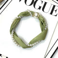 Magnetic Narrow Elegant Satins Neck Scarf Wrap Pearls Chain Necklace Qme green
