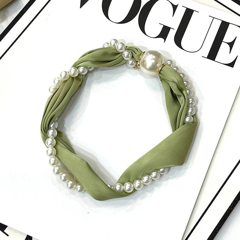Magnetic Narrow Elegant Satins Neck Scarf Wrap Pearls Chain Necklace Qme green