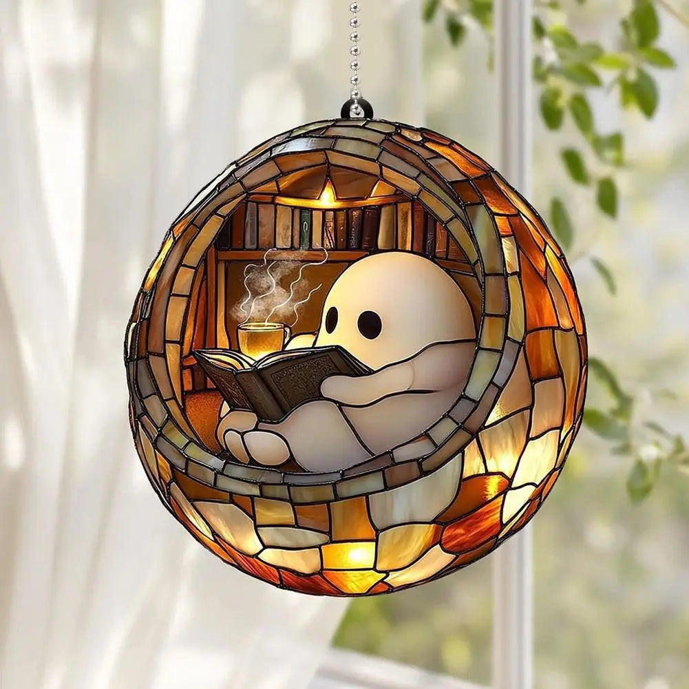 2D Halloween Ghost Reading Book Suncatcher Hanging Decor Acrylic Window Hanging Ornament Colorful Shadow Home Decorations Qme
