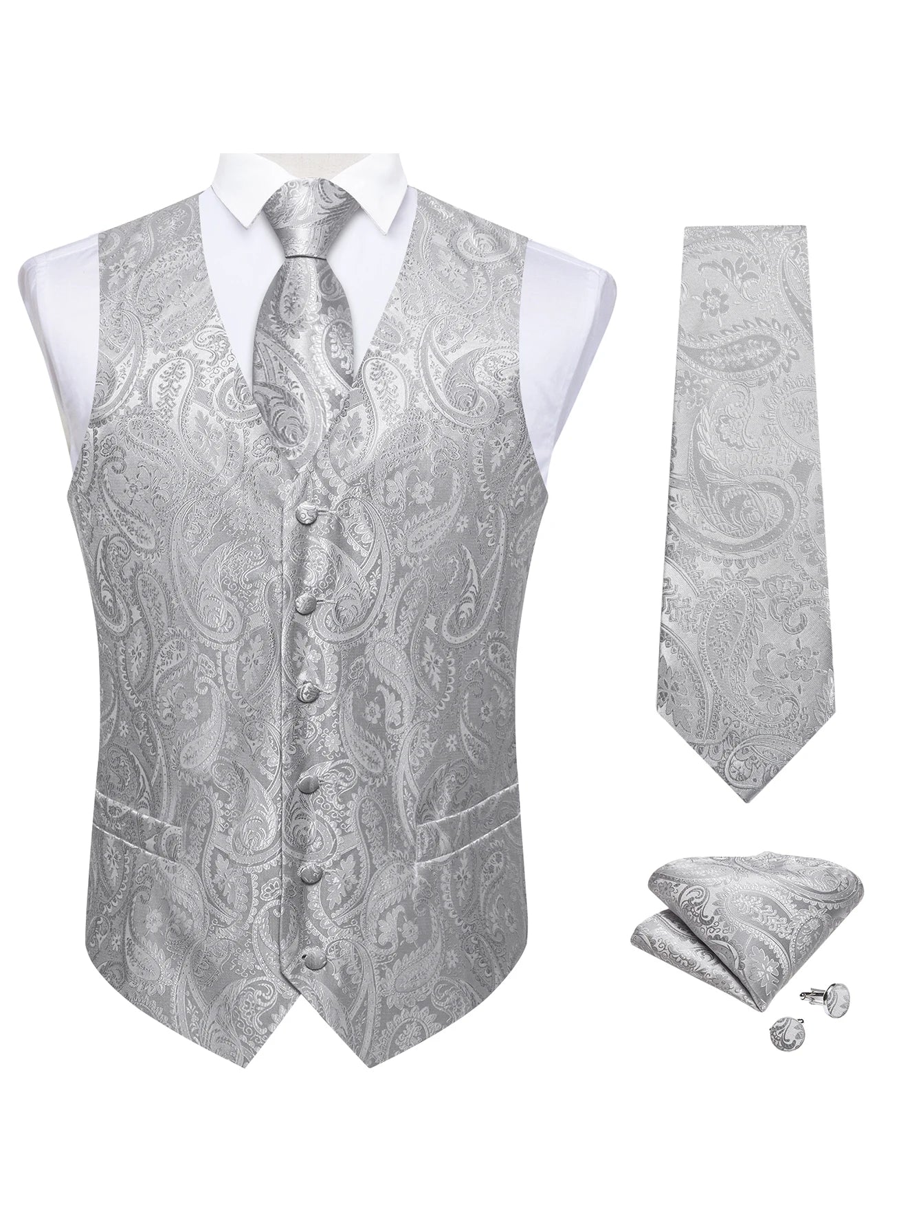 Men's Paisley Suit Vest Tie Formal Waistcoat Necktie Pocket Square Qme MJTZ0163 S