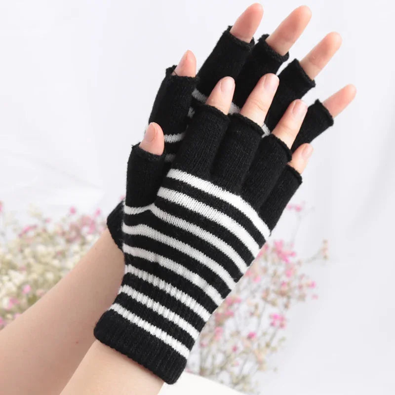 1Pair Black Stripe Half Finger Fingerless Gloves for Women and Men Knit Wrist Cotton Winter Warm Outdoor Gothic Lolita Mittens Qme black white One Size