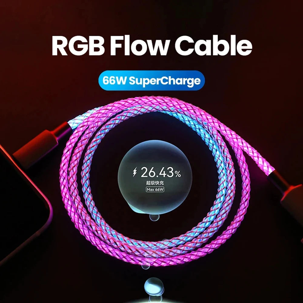 66W PD Gradient Light Quick Charge 3.0 Cord PD Fast Charging Data Cable Nylon Braided Cord For iPhone 16 Xiaomi Samsung 1M Wire Qme
