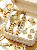 Ladies Casual Fashion Quartz Watch And Hollow out Jewelry Set Suitable for Daily Wear Holiday Outfits Birthday Gifts Qme 6PCS-JS