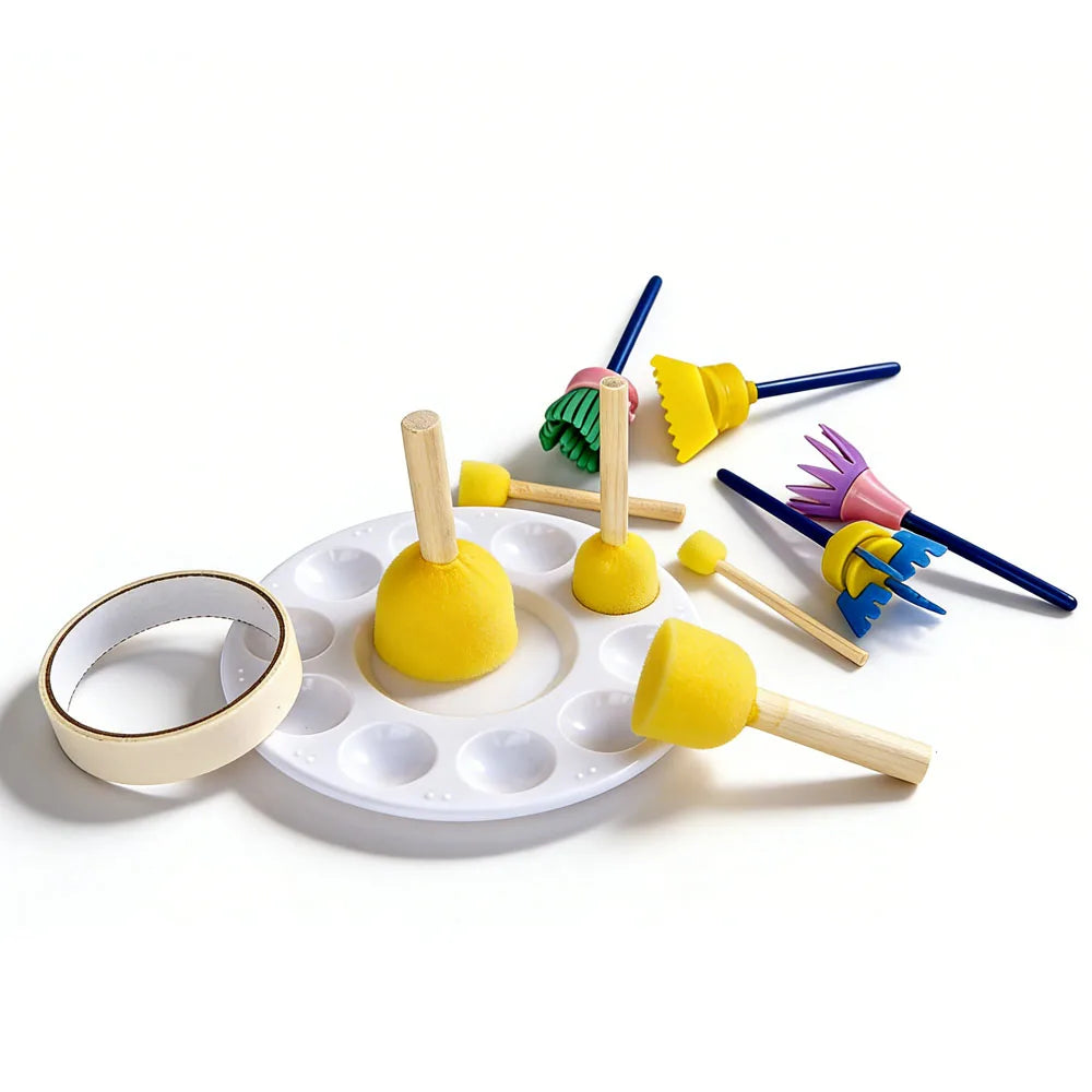 11Pcs Kids Sponge Painting Brushes Set, Early Learning DIY Art Craft Tools with Round Stamping Brushes, Palette Masking Tape Qme