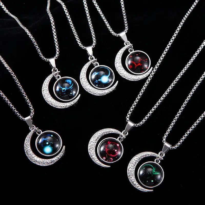 12 Constellation Luminous Necklace Zodiac Signs Jewelry Crescent Moon Pendant Glow In The Dark Necklace Birthday Gifts Unisex Qme