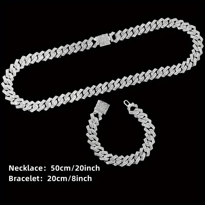 Men's Bling Jewelry Set: Gold Iced Out Watch + Cuban Link Chain + Bracelet, 3Pcs Hip Hop Set Qme