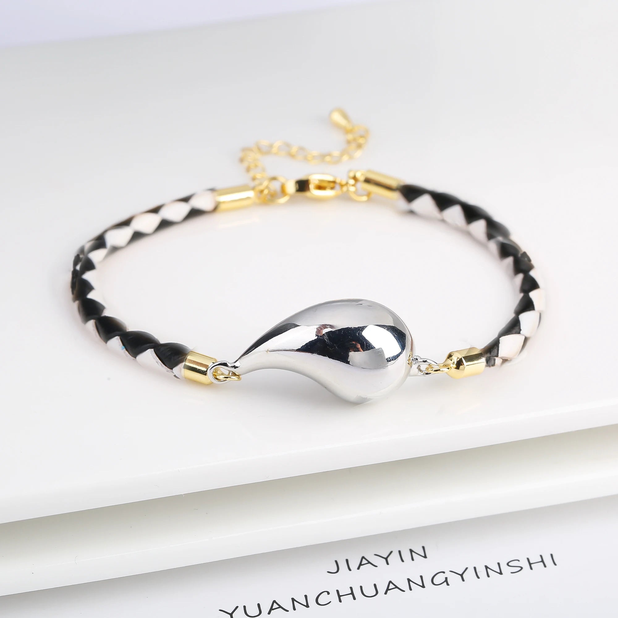 Simple Gold Plated Comma Leather Braided Adjustable Bracelet Fashion Women Water Drop Bracelet for Party Jewelry Gift Daily Wear Qme Color 14