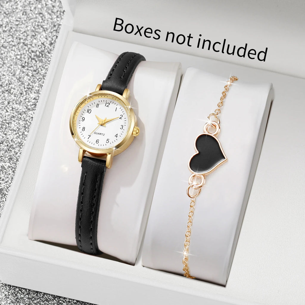 Hot Sale 2Pcs Gold Women's Watch & Bracelet Set, White Dial Watch with Black Strap + Black Heart Bracelet, Elegant Style Qme