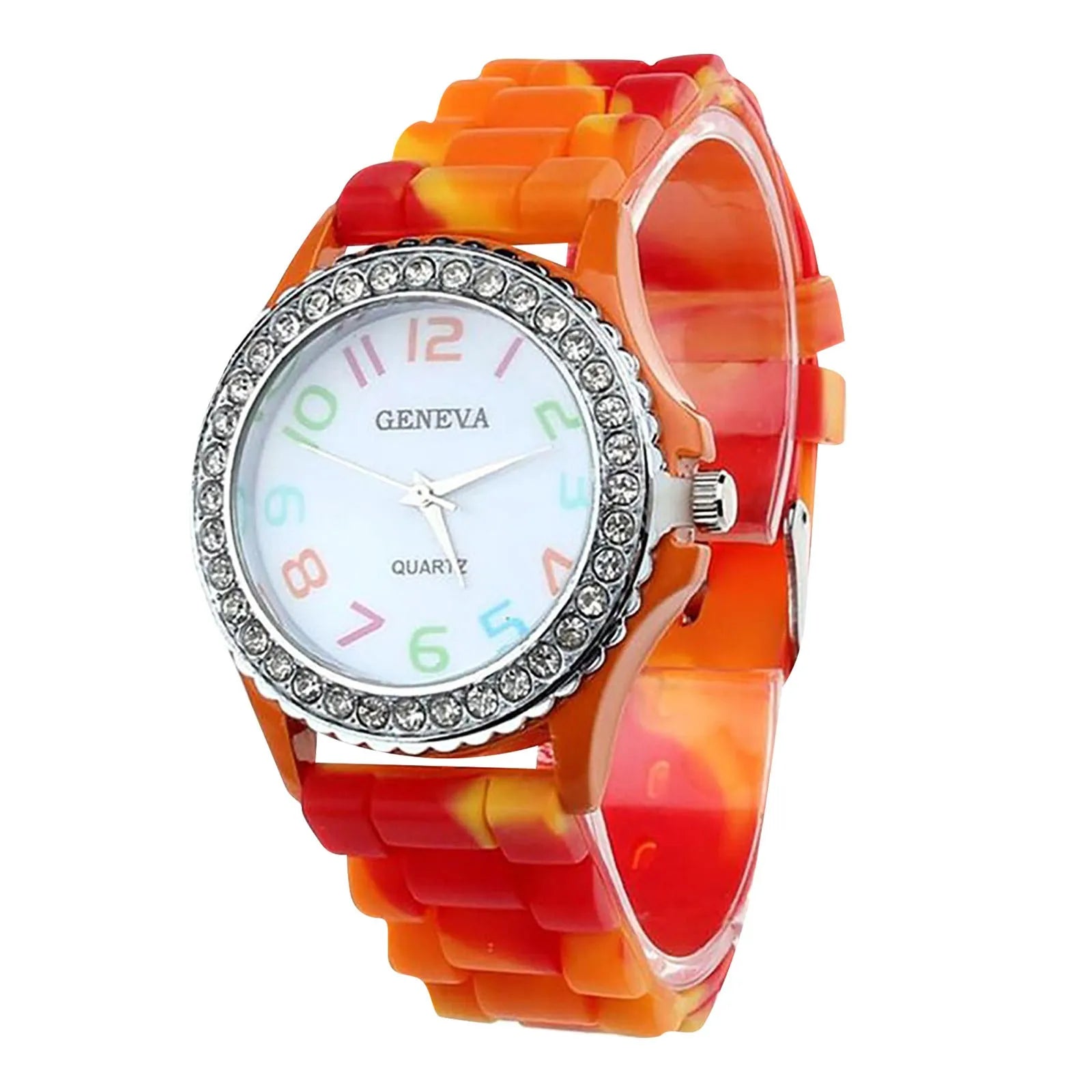 Girls’ Silicone Camouflage Watch Crystal Bling Quartz Wrist Watch Fashion And Cool Casual PU Strap Round Dial With Diamond Watch Qme C