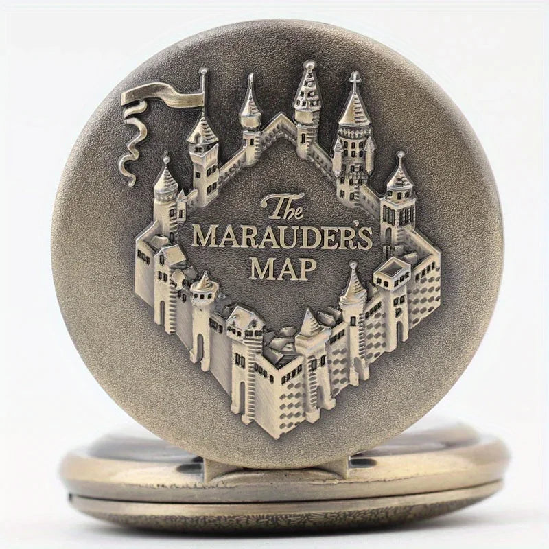 Vintage Castle Embossed Marauder Map Pocket Watch with Bronze Chain - A Timeless Accessory! Qme