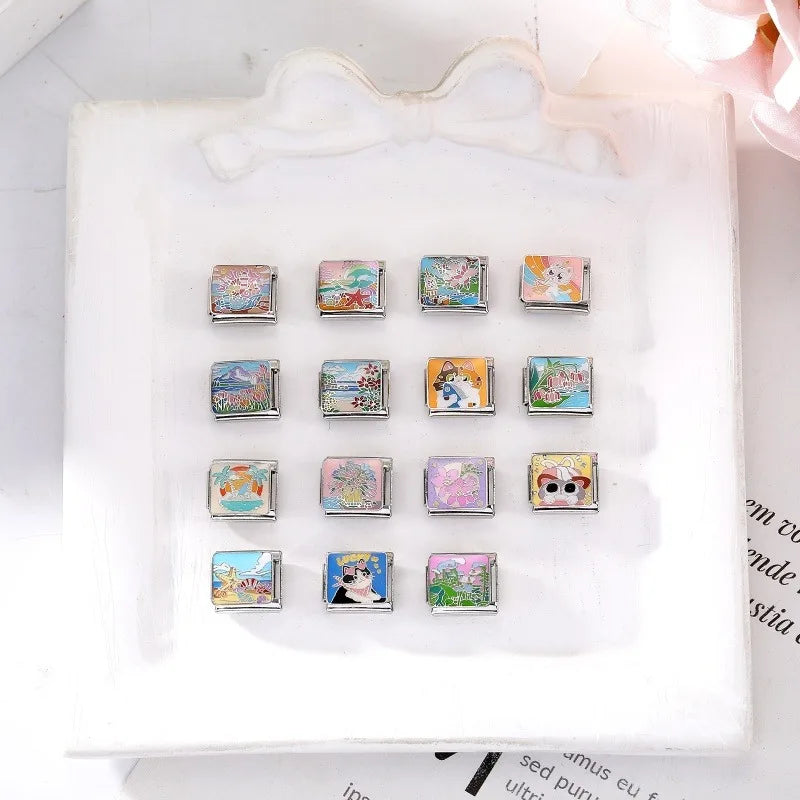 Y2K Colored Street View Flower Cute Cat Italian Charm Link Fit 9mm Stainless Steel Module Women Bracelet DIY Making Jewelry Gift Qme