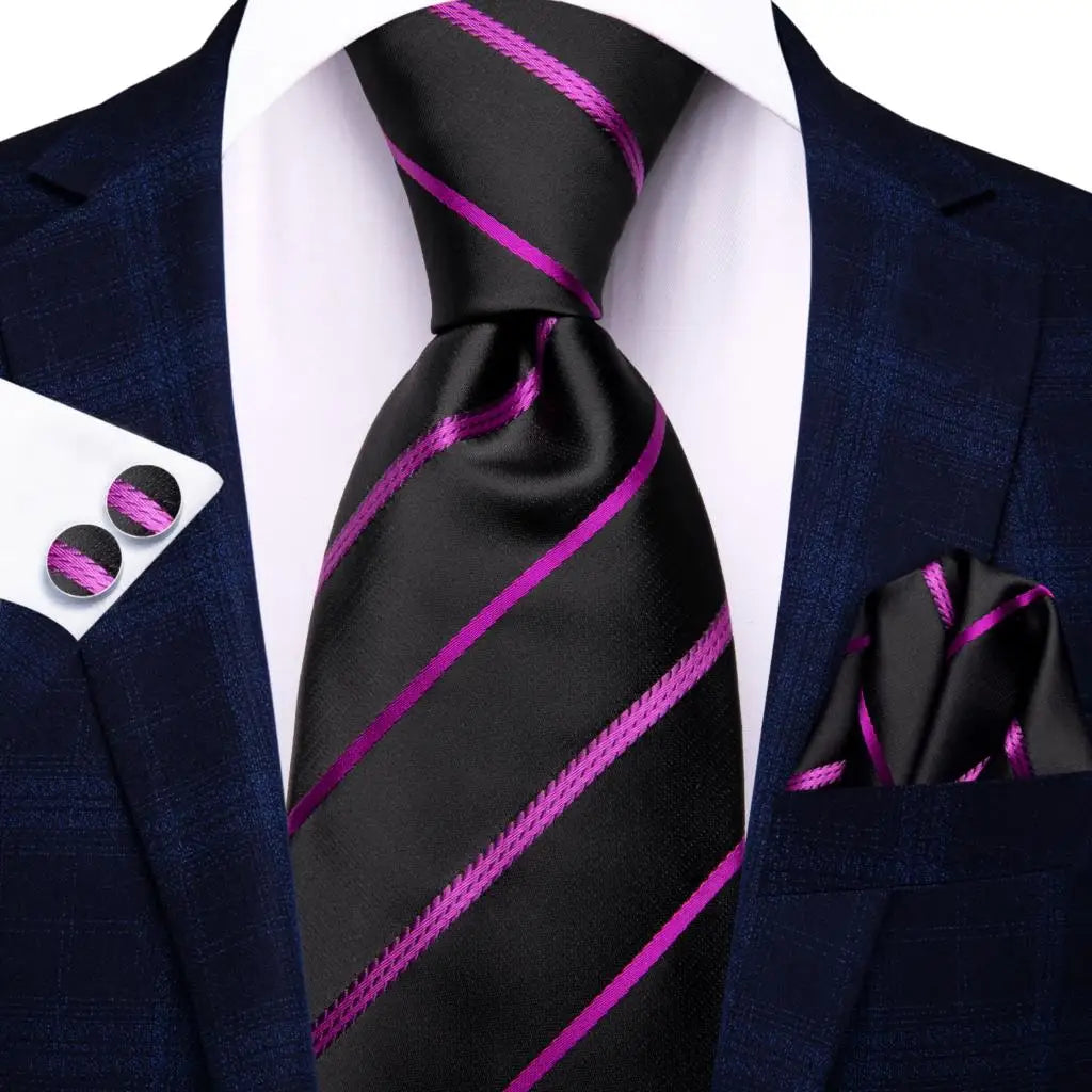 Hi-tie Men Fashion Striped Navy Blue Necktie Handkerchief Cufflinks Qme 3867