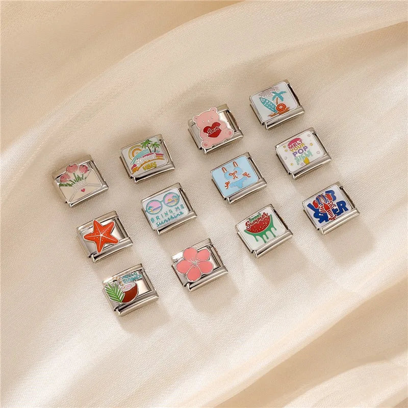 2026 Colour Glaze Red Love Heart Bear Bikini Coconut tree Italian Charm Links Fit 9mm Stainless Steel Bracelet DIY Making Gifts Qme