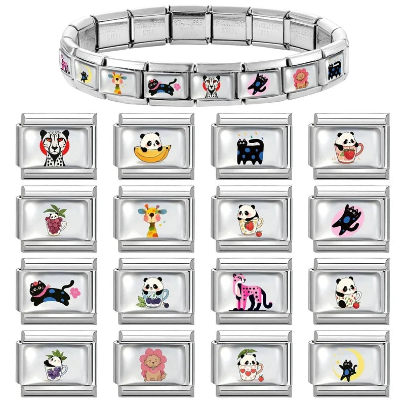 2026 Versatile New Cartoon Sunglasses Cats Lion Tigers Italian Style Bracelet 9mm Stainless Steel Modular DIY Bracelet Wholesale Qme