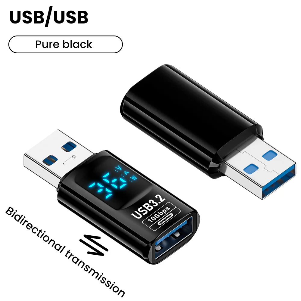 10Gbps USB 3.2 Digital LED Display Adapter USB Male to Type C Converter Fast Charge Data Transmission Adapter For Laptop iPhone Qme black USB to USB
