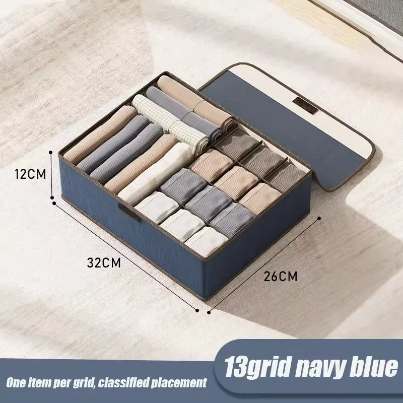Underwear Storage Box Cotton And Linen Six-compartment Compartment With Lid Underwear Box With Compartments Drawer Style Qme Navy blue 13grid
