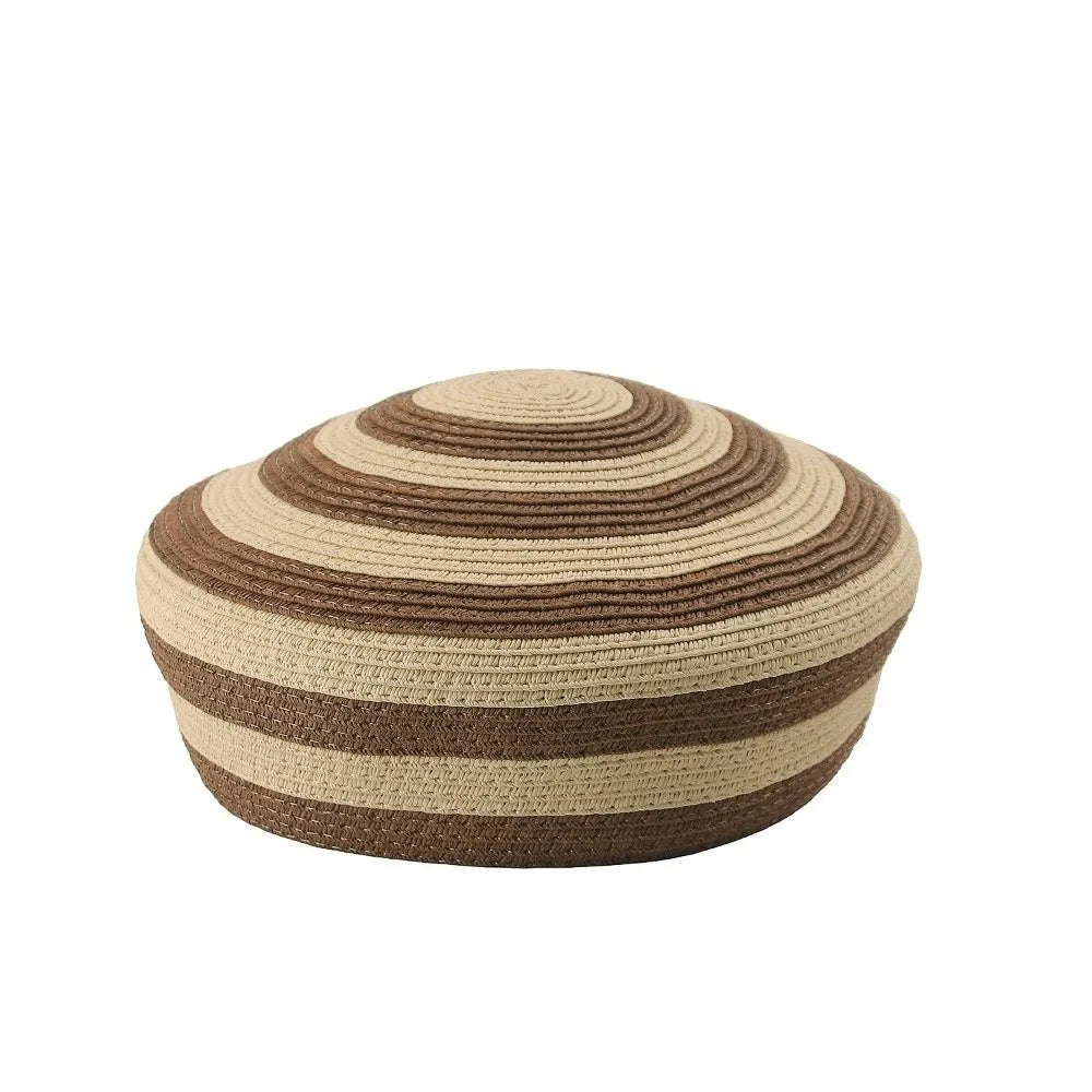 Beach Cap Striped Pattern Straw Top Hat Paper Straw Color Block Dome Cap Wide Brim Lightweight Sun Hat Elegant Ladies Qme Coffee