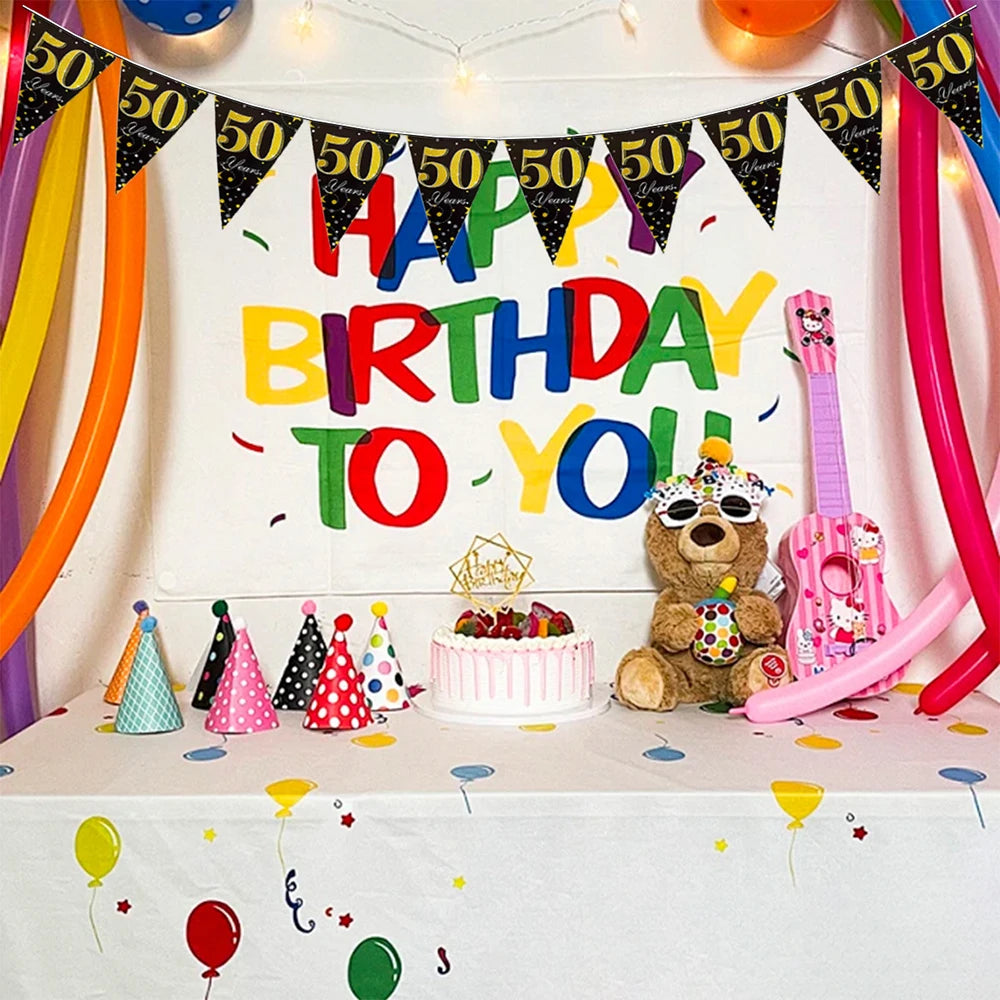 Birthday Triangle Flag, Digital Age, Black Gold Triangle Flag, Pulling Flag, Party Supplies Qme