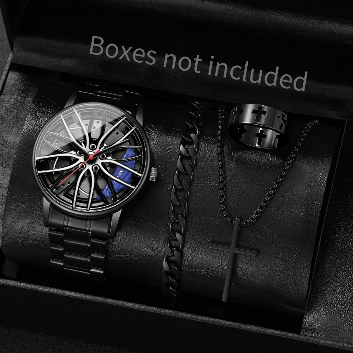 4 pçs/set moda 3d roda de carro dial masculino relógio esportivo luxo banda aço inoxidável relógios quartzo conjunto jóias Qme Blue