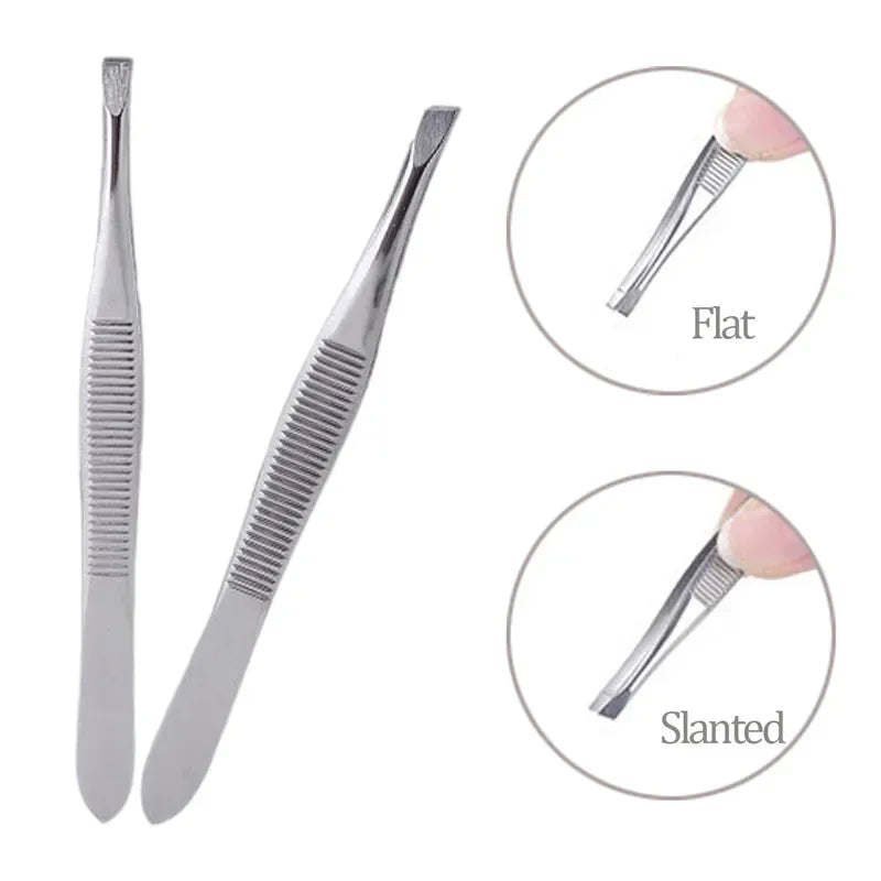 2Pcs/Set Professional Slanted/flat Stainless Steel Hair Removal Clip Eyebrow Face Hair Remover Tweezers Eyebrow Plucking Tools Qme