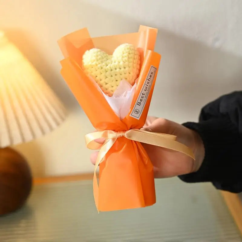 Mini Handmade Yarn Flower Bouquet Crochet Heart Valentine's Day