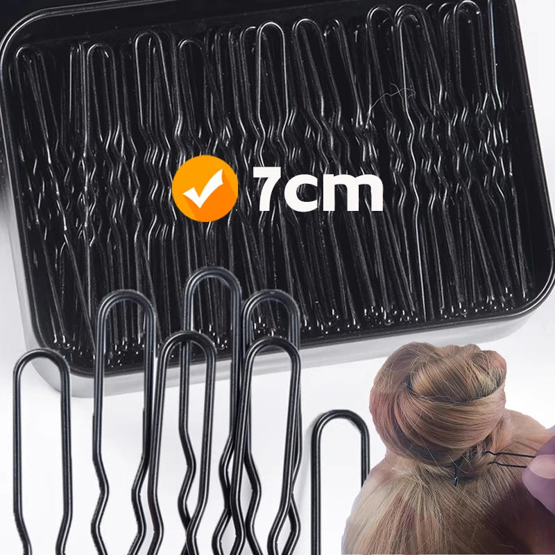 50/200Pcs New Women Hair Waved U-Shaped Bobby Pin Barrette Salon Grip Clip Bridal Hairpins Black Metal Hair Accessories for Bun Qme 7cm 50pcs