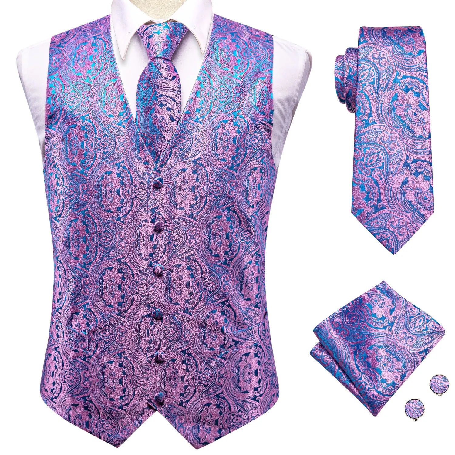 Hi-tie Black Men Vest Paisley Jacquard Necktie Hankerchief Cufflinks Qme MJ-0049 2XL