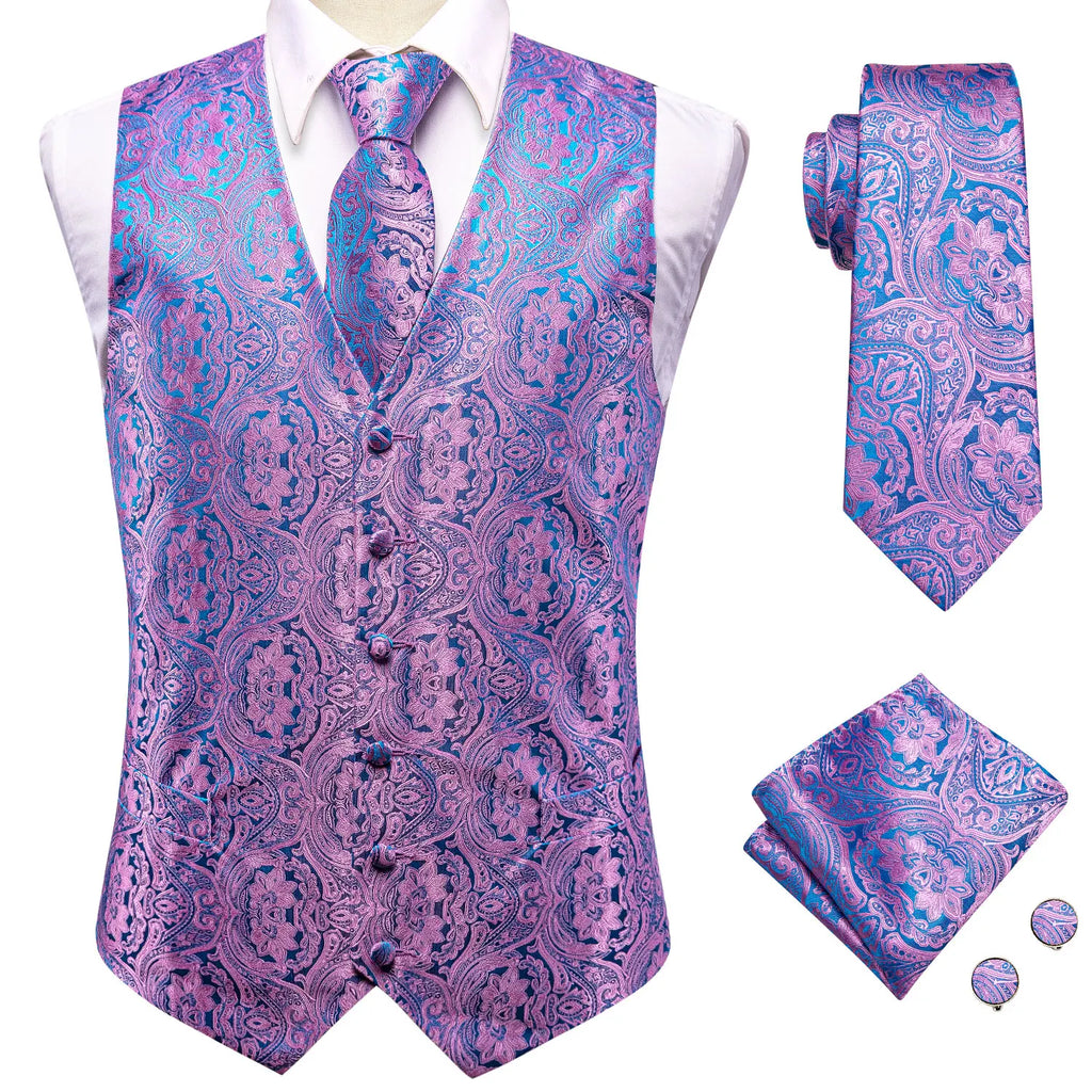 Wedding Purple Men Vest Paisley Floral Necktie Handkerchief Cufflinks Qme MJ-0049 S
