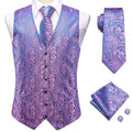 Wedding Purple Men Vest Paisley Floral Necktie Handkerchief Cufflinks Qme MJ-0049 S