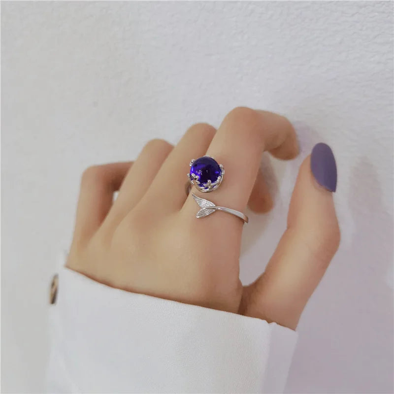 Design Sense Fashion Fishtail Crystal Multicolor Adjustable Open Ring Girl Woman Fashion Beach Party Birthday Gift Jewelry Qme resizable sapphire Silver Plated