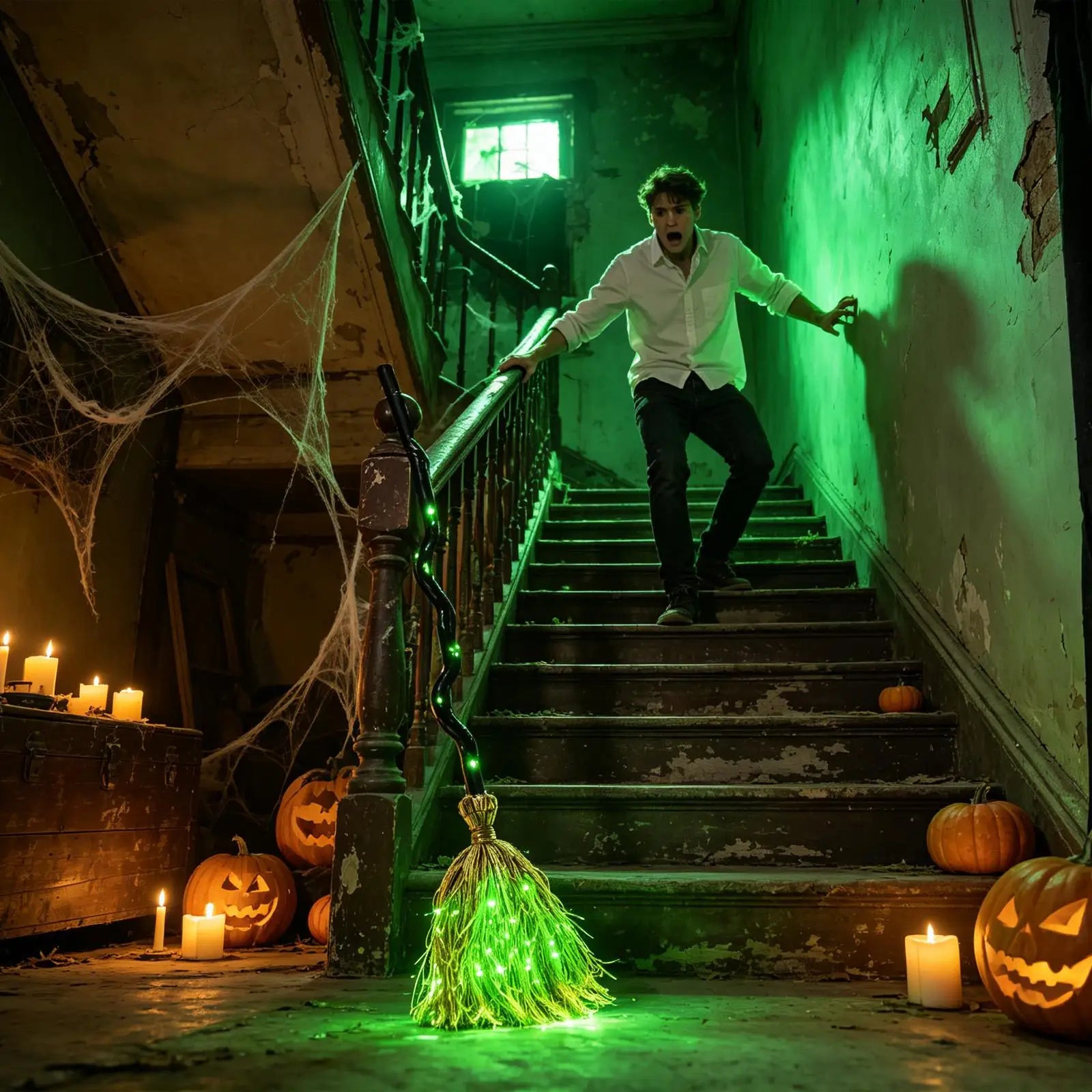 Halloween Broom Decoration Realistic Horror Laughter Sound Lighted Qme