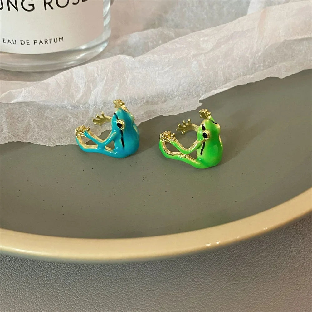New Green Funny Frog Ring Cute Green Blue Adjustable Animal Ring Suitable for Adult Children Qme