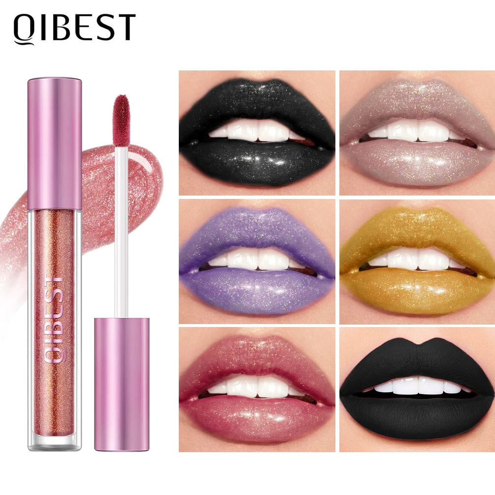 QIBEST Glitter Pearlescent Lipgloss Moisturizing Lasting Non-Stick Cup Shimmer Shiny Liquid Lipsticks Black Purple Lip Tint Qme