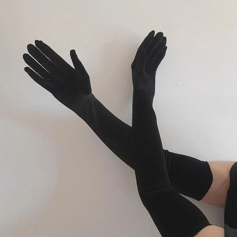 Women Velvet Long Autumn Winter Warm Black Evening Dress Etiquette Gloves Retro Style Banquet Accessories Elasticity Mittens Qme