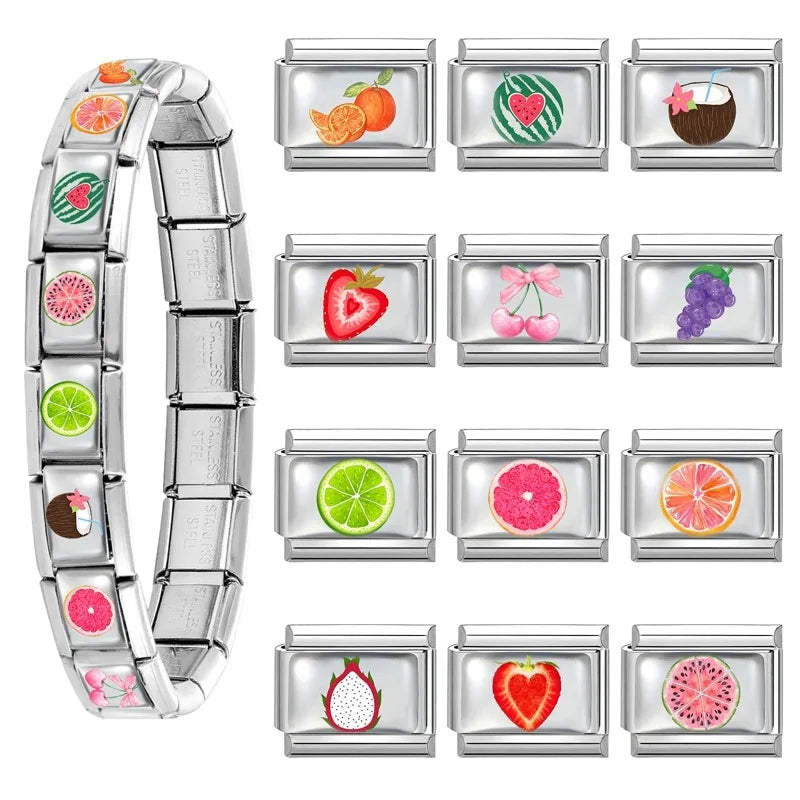 2025 Lemon Strawberry Guava Grape Colorful Fruit Series Italian Charm Link fit 9mm Stainless Steel Jewelry DIY Making Bracelets Qme
