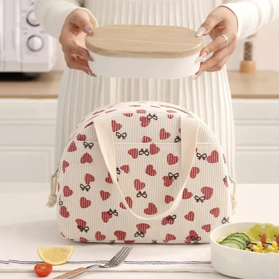 Corduroy Lunch Bag Portable Thermal Insulation Women's Cute Print Large Capacity Picnic Bento Box Handbag for Lunch Storage Qme
