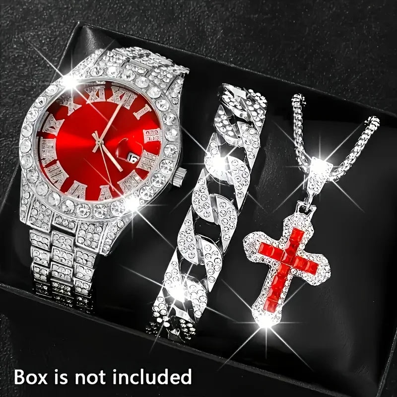 Men's Hip Hop Iced Out Jewelry Combo, Gold Plated Diamond Watch + Cuban Bracelet + Cross Necklace, Fashion Accessory Qme