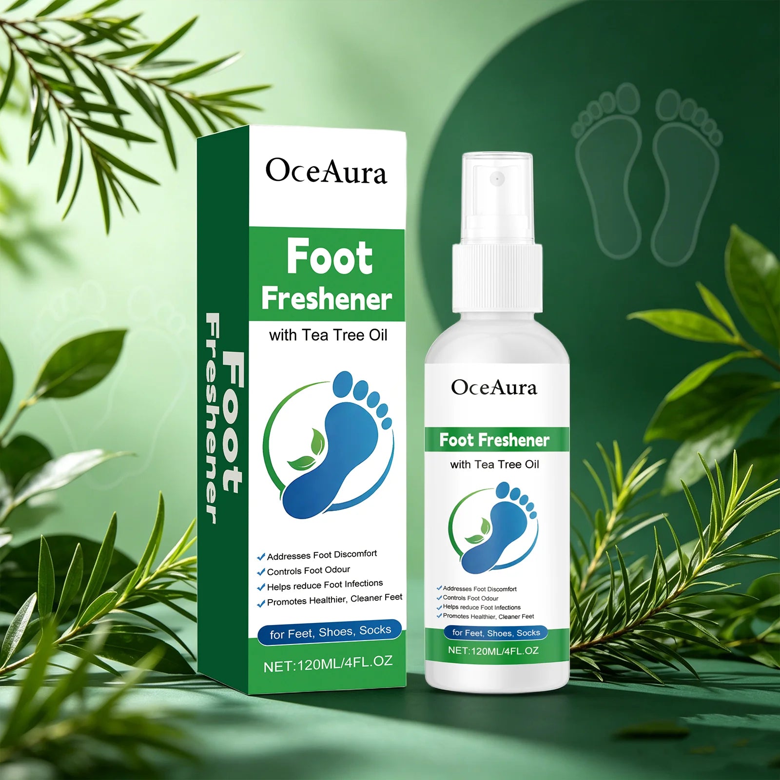 OceAura Foot Freshener Spray with Tea Tree Oil Deodorizing Sweat Absorbing Odor Eliminating Moisturizing Refreshing Foot Spray Qme