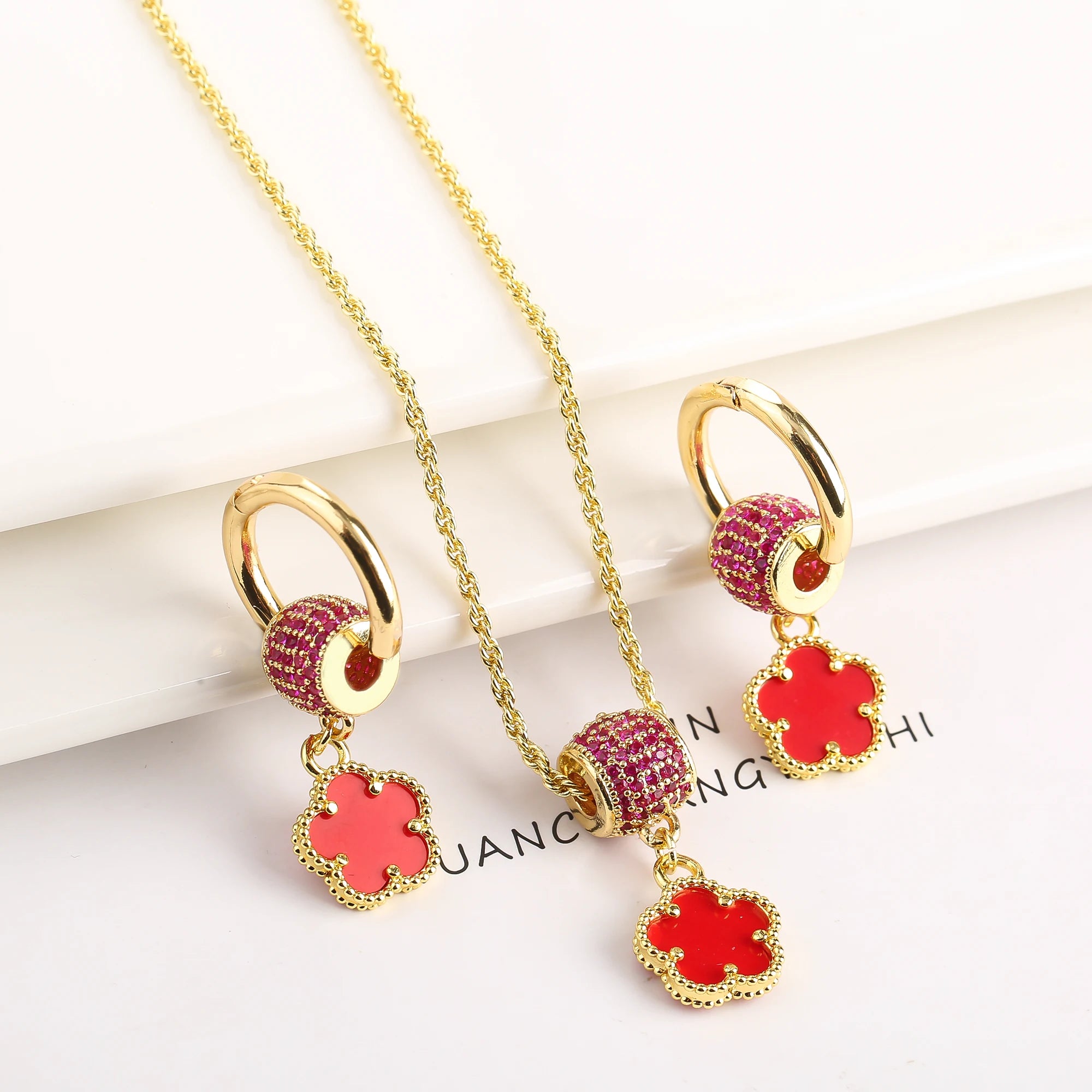 High Quality Natural Stone Five Leaf Flower Jewelry Set Zirconia Necklace Earrings Temperament For Woman Fashion Jewelry Clover Qme Jewelry Set 3