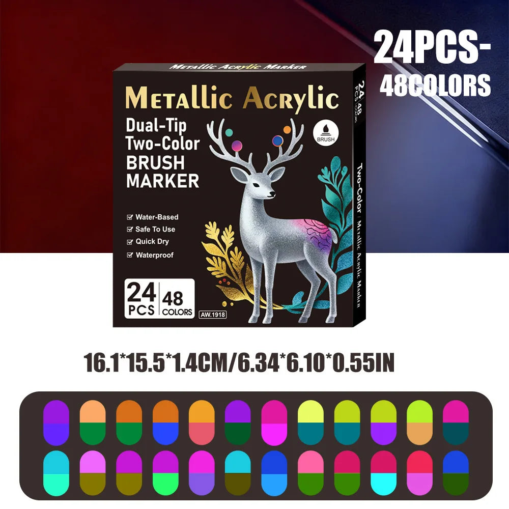 6-24 Pcs Dual Ended Metallic Acrylic Marker Two-color Touch-up Pen Waterproof Permanent for DIY Craft Drawing Graffiti Art Qme 24Pcs-48Colors