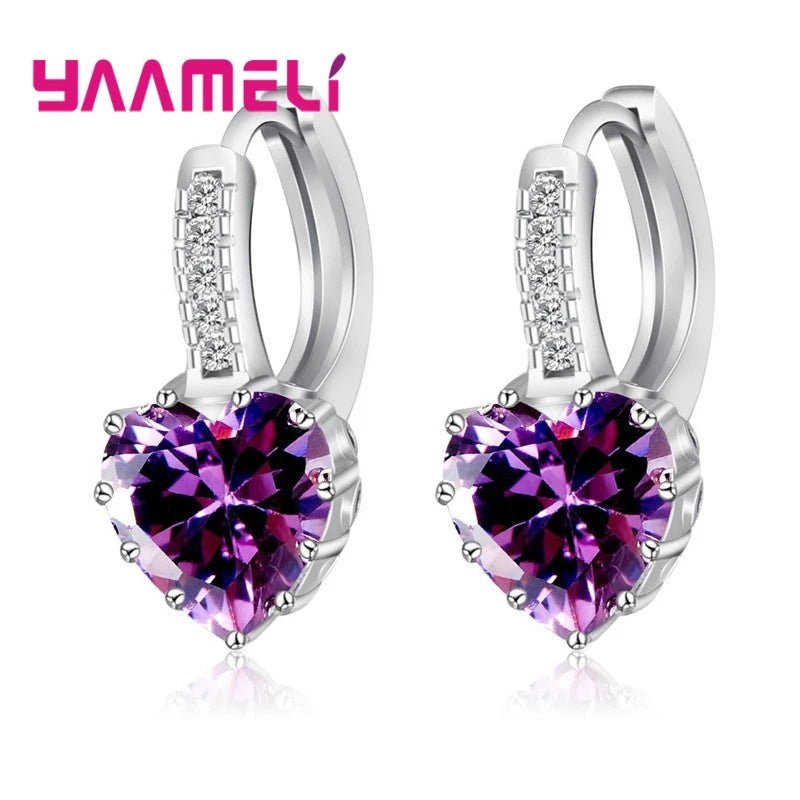 Big Sale 925 Sterling Silver Color Loop Hoop Earrings Candy Cubic Zircon Charms Women Jewelry Wedding Accessory Brincos Qme Purple heart
