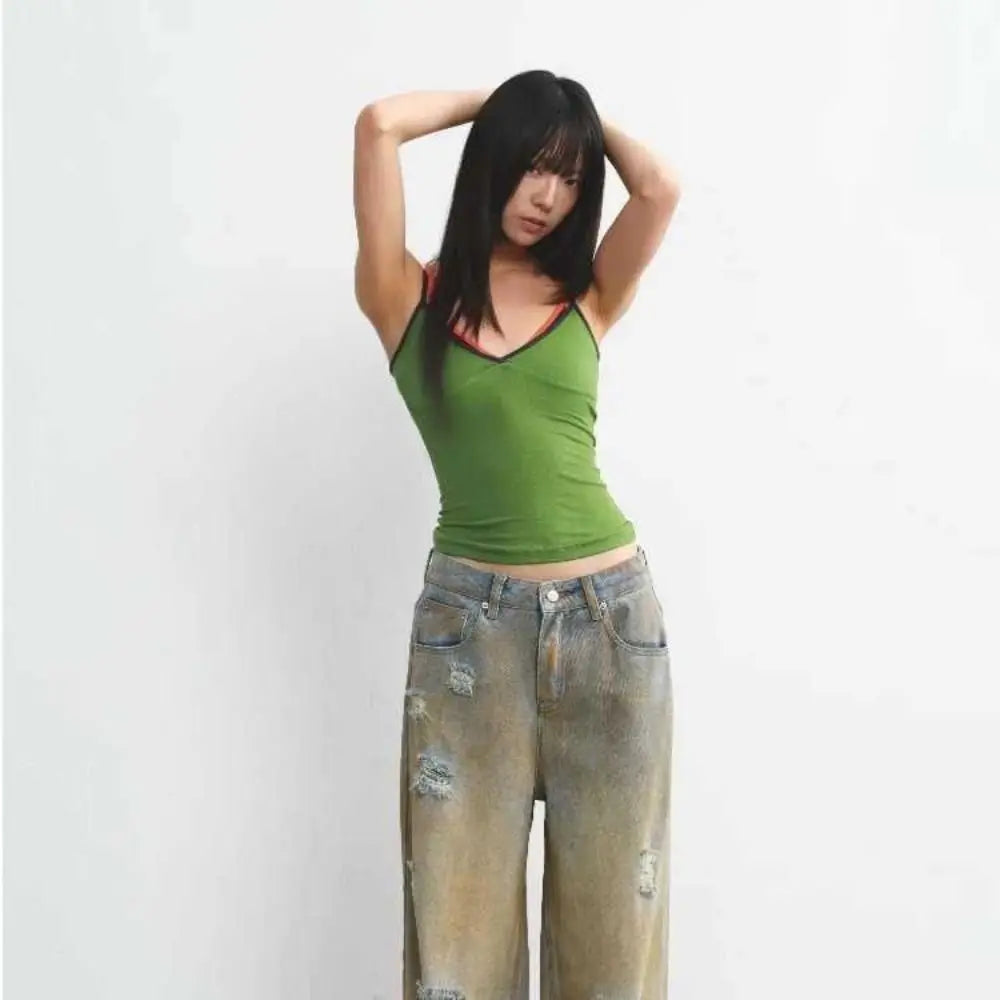 Fashion Slim Fit Fake Two Camisole Patchwork Streetwear Crop Tops Qme
