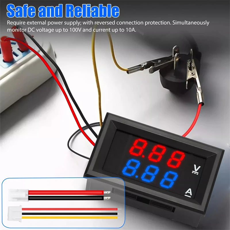 1Pc 0-100V 10A Digital Voltmeter Ammeter Dual Display Voltage Detector Current Meter Panel Volt Gauge 0.28" Red Blue LED. Qme