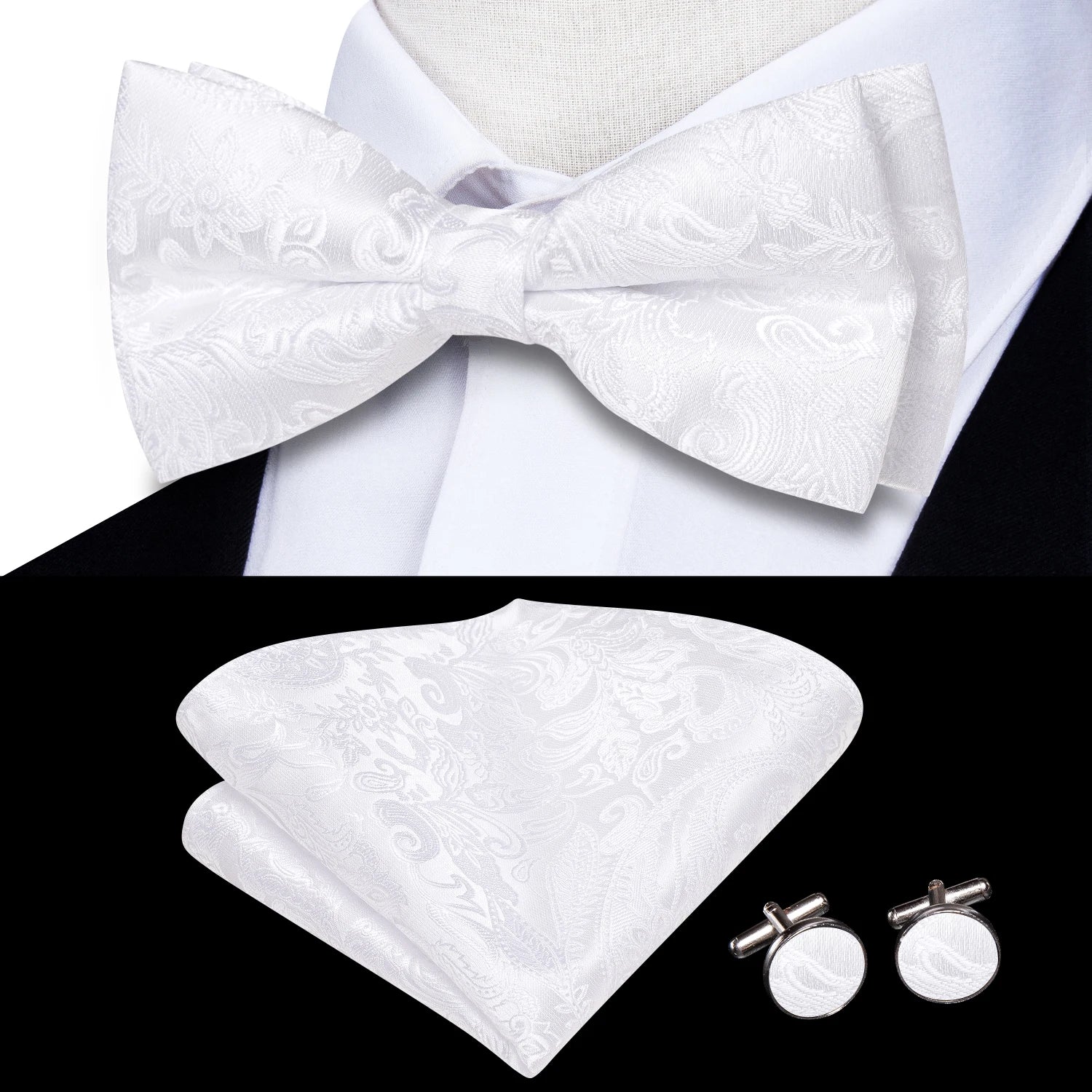 Hi-Tie Classic Bow Ties for Men Silk Butterfly Pre-Tied Male Bowtie Pocket Square Cufflinks Set Jacquard Paisley Floral Wedding Qme LH-581