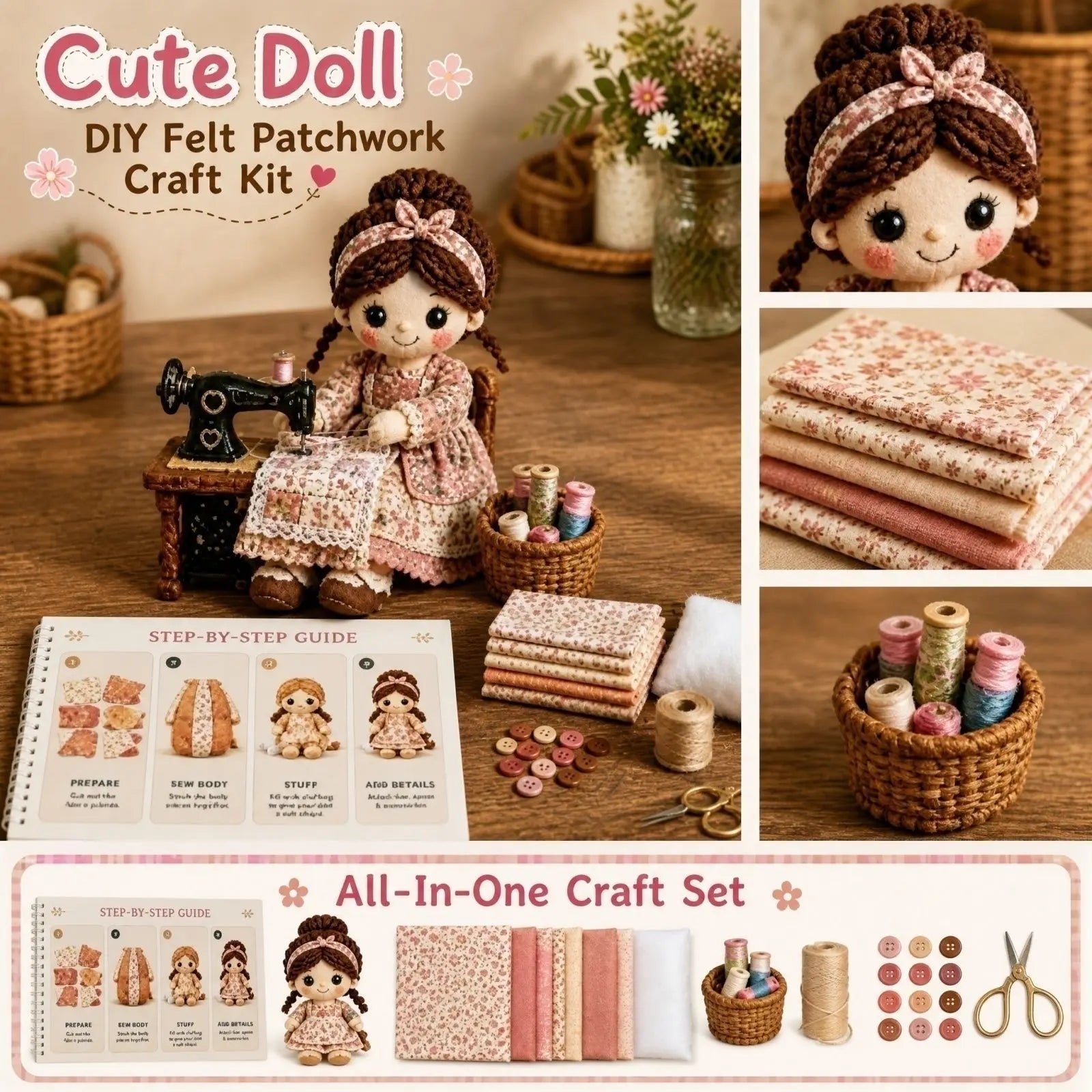 Doll Patchwork DIY Kit Complete Sewing Material Pack Fabric Accessory Set Handcraft Making Supplies for Beginner and Craft Lover Qme A One Size
